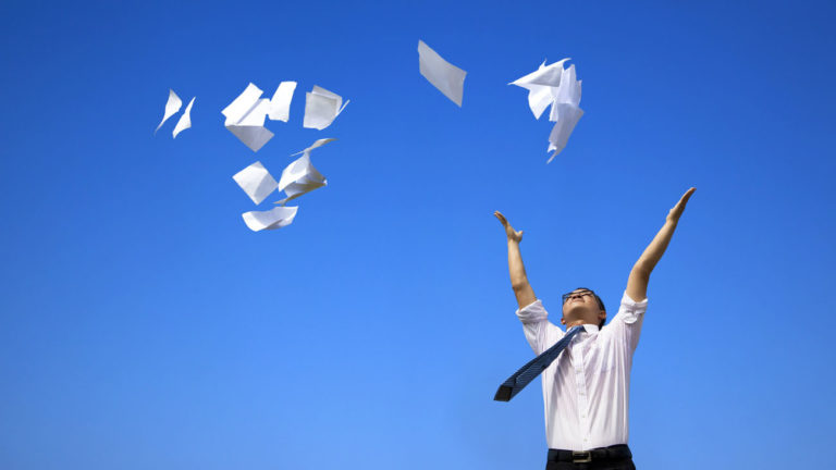 Digital contract management man throwing papers into the air