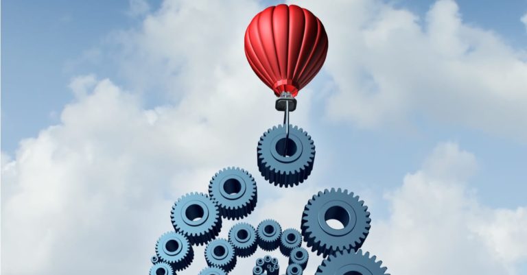 Contract management with Salesforce represented by gears and hot air balloon in the sky