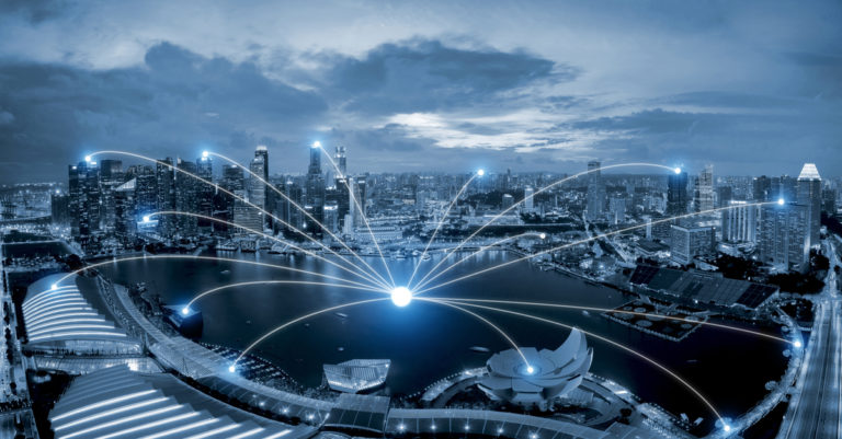 Customer Widelity represented by data connection points across a cityscape