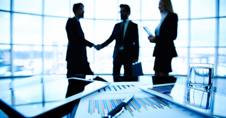 CEOs digital contracts represented by three CEOs making an agreement