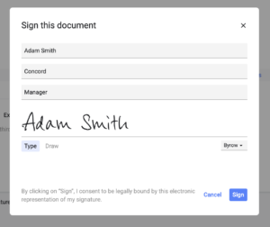 Image of Concord CLM electronic signature window. 