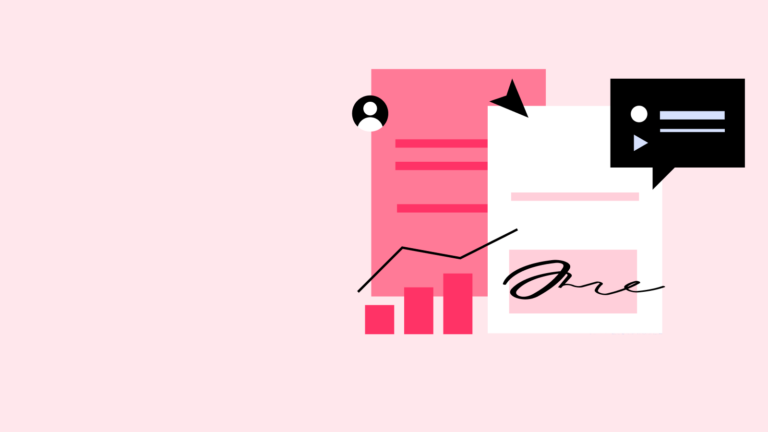 Abstract illustration showing documents, graphs, and signatures.
